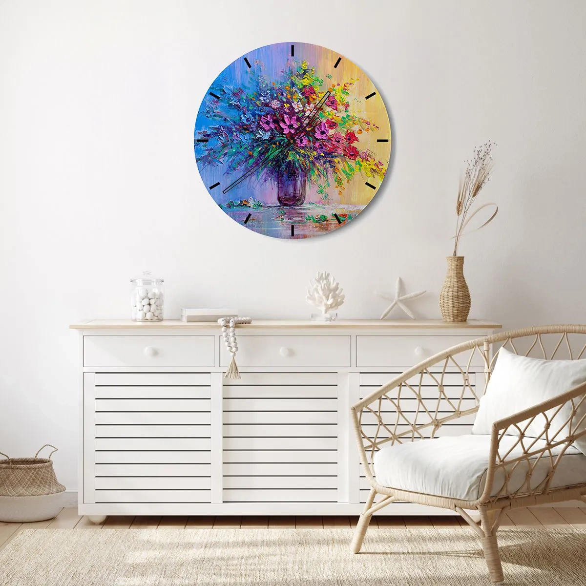 Wandklok - Klok - Een boeket kleurrijke bloemen in een glazen vaas op een pastelkleurige achtergrond - 30x30cm - Schenking van de wei - Moderne wanddecoratie voor woonkamer, keuken en slaapkamer ARTTOR