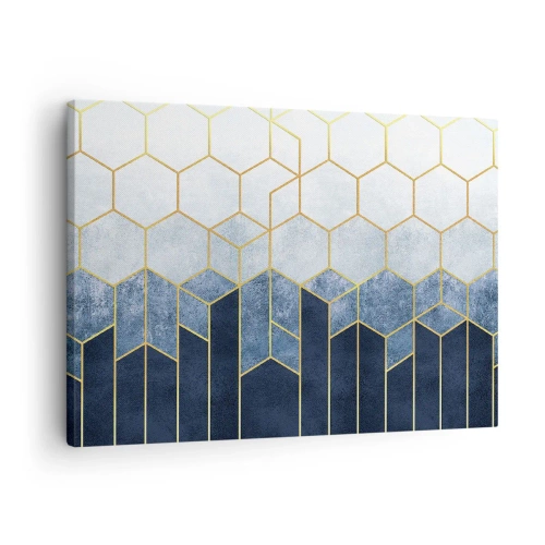 Schilderen op canvas - Geometrisch patroon in tinten goud en marineblauw - 70x50cm - Compositie in een gesyncopeerd ritme - Moderne wanddecoratie voor woonkamer en slaapkamer ARTTOR