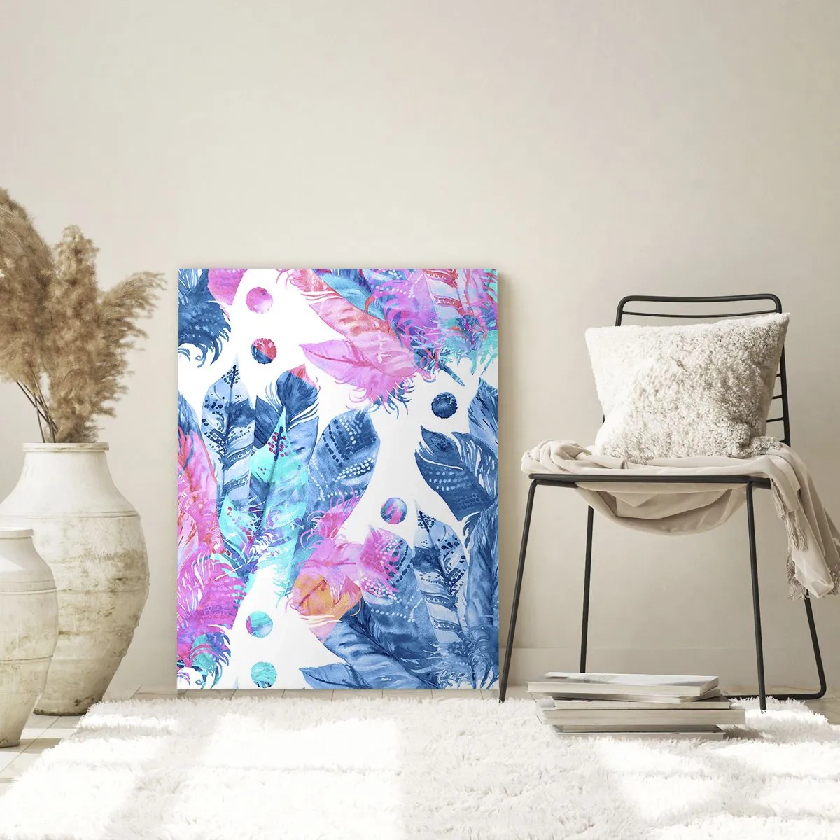 Schilderen op glas - Pluimen in roze en blauw - 80x120 cm