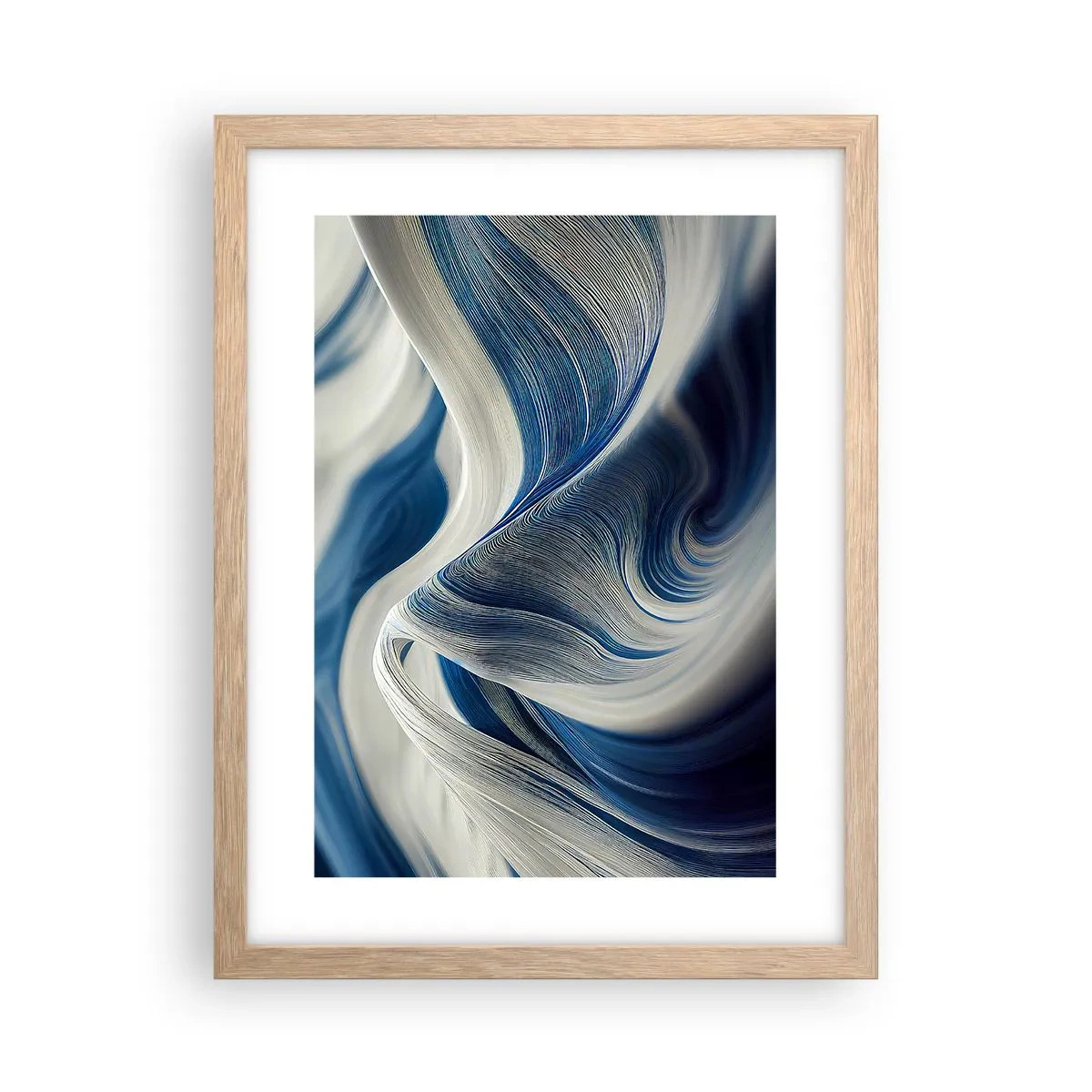 Een poster in een licht eiken lijst - De vloeibaarheid van blauw en wit - 30x40 cm
