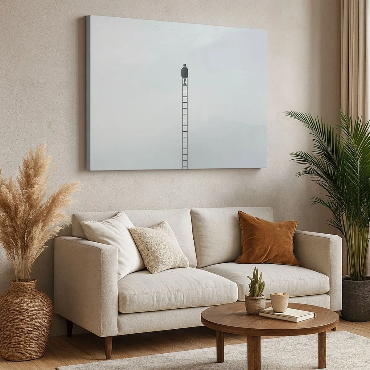 Schilderen op canvas - Een man op een ladder die de lucht in stijgt - 70x50cm - Stap verder op! - Moderne wanddecoratie voor woonkamer en slaapkamer ARTTOR