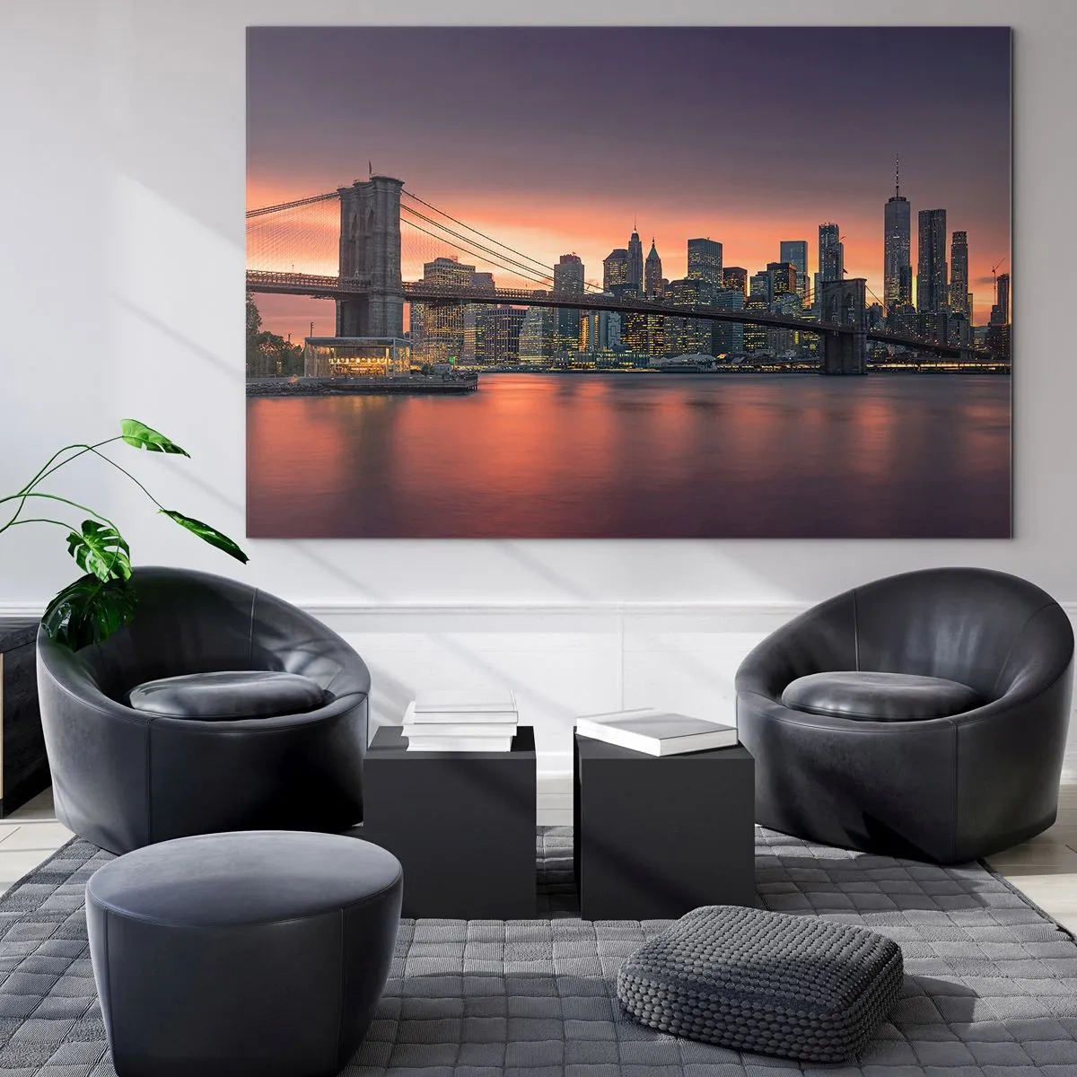 Schilderen op glas - Brooklyn Bridge bij zonsondergang - 70x50cm - Ondergedompeld in lila stilte - Moderne wanddecoratie voor woonkamer en slaapkamer ARTTOR