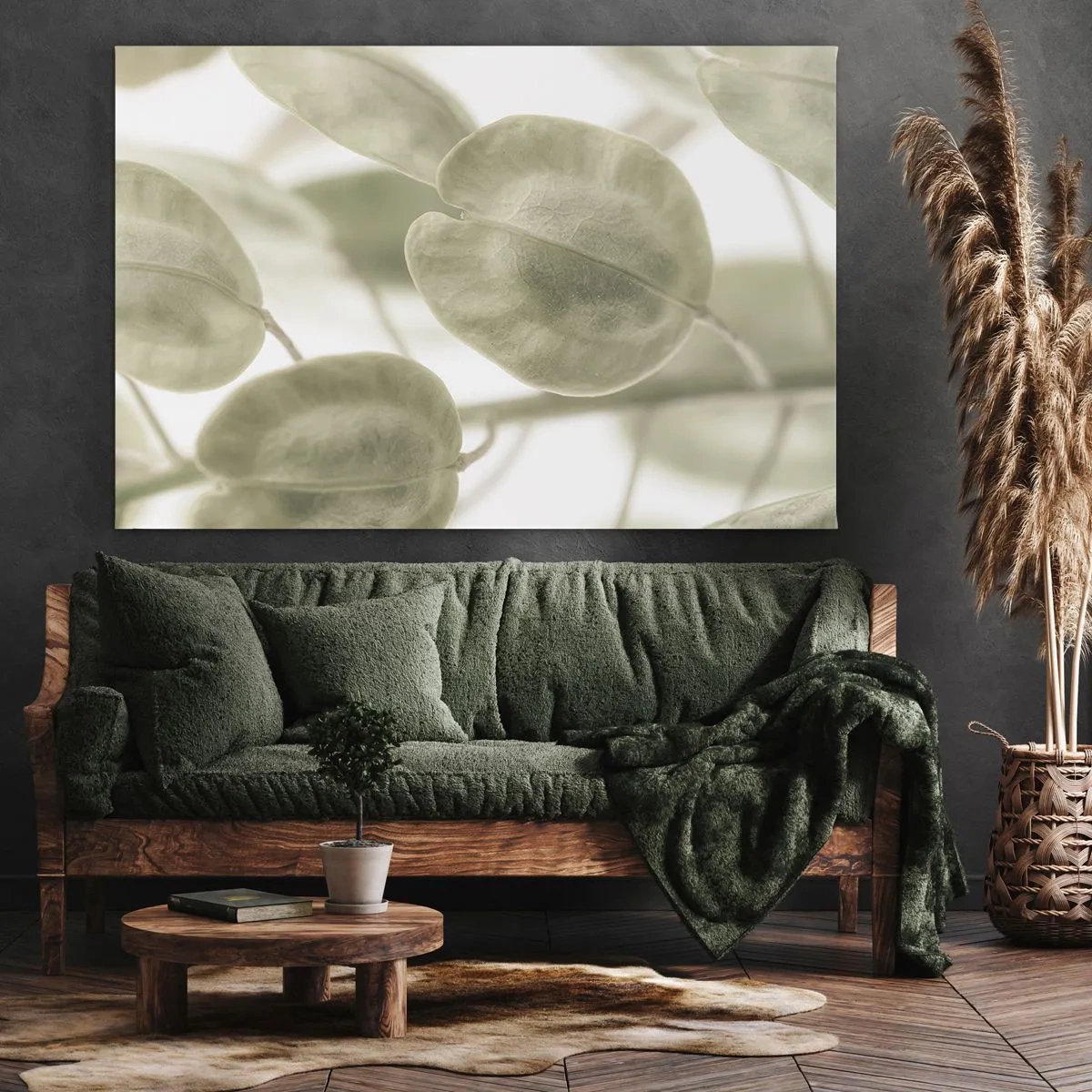 Schilderen op canvas - Een delicaat schilderij van bladeren in pasteltinten groen op een lichte achtergrond. - 70x50cm - In het begin waren er bladeren... - Moderne wanddecoratie voor woonkamer en slaapkamer ARTTOR