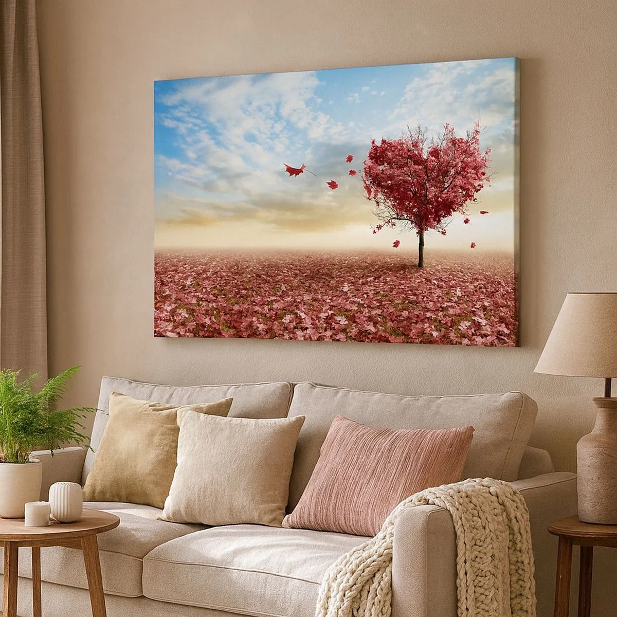 Schilderen op canvas - Een eenzame hartvormige boom in een veld met rode bladeren - 70x50cm - Word ook verliefd - Moderne wanddecoratie voor woonkamer en slaapkamer ARTTOR