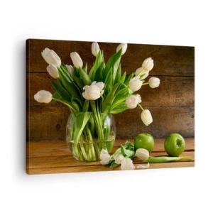 Schilderen op canvas - Een boeket witte tulpen in een glazen vaas met groene appels - 70x50cm - Sappig en fris in groen en wit - Moderne wanddecoratie voor woonkamer en slaapkamer ARTTOR