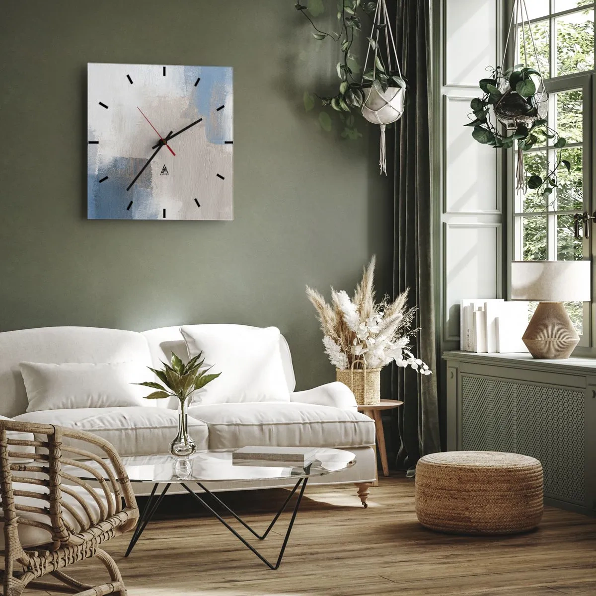 Wandklok - Klok - Roze abstractie achter een blauw gordijn - 40x40 cm