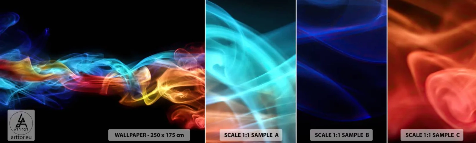 Fotobehang Staaltje Standard Eco - Regenboogdans van nevels - Abstractie, Grafisch, Kleurrijke vlammen - 100x30 cm