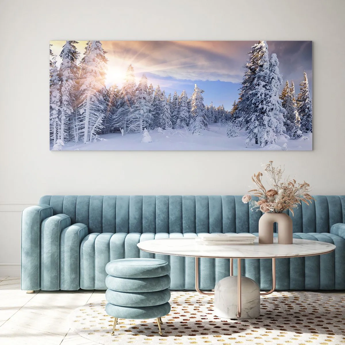 Schilderen op glas - Het sneeuwspektakel van de natuur - 140x50 cm