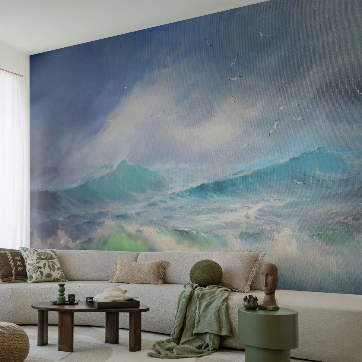 Fotobehang Premium Sand - 'De wervelwind huilde van triomf...' - Storm, Hoge golf, Vogels - 100x70 cm