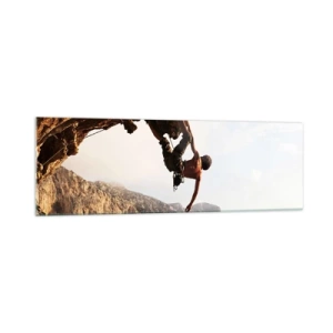 Schilderen op glas - De wereld gekrompen in een hand op een rotsblok  - 160x50 cm