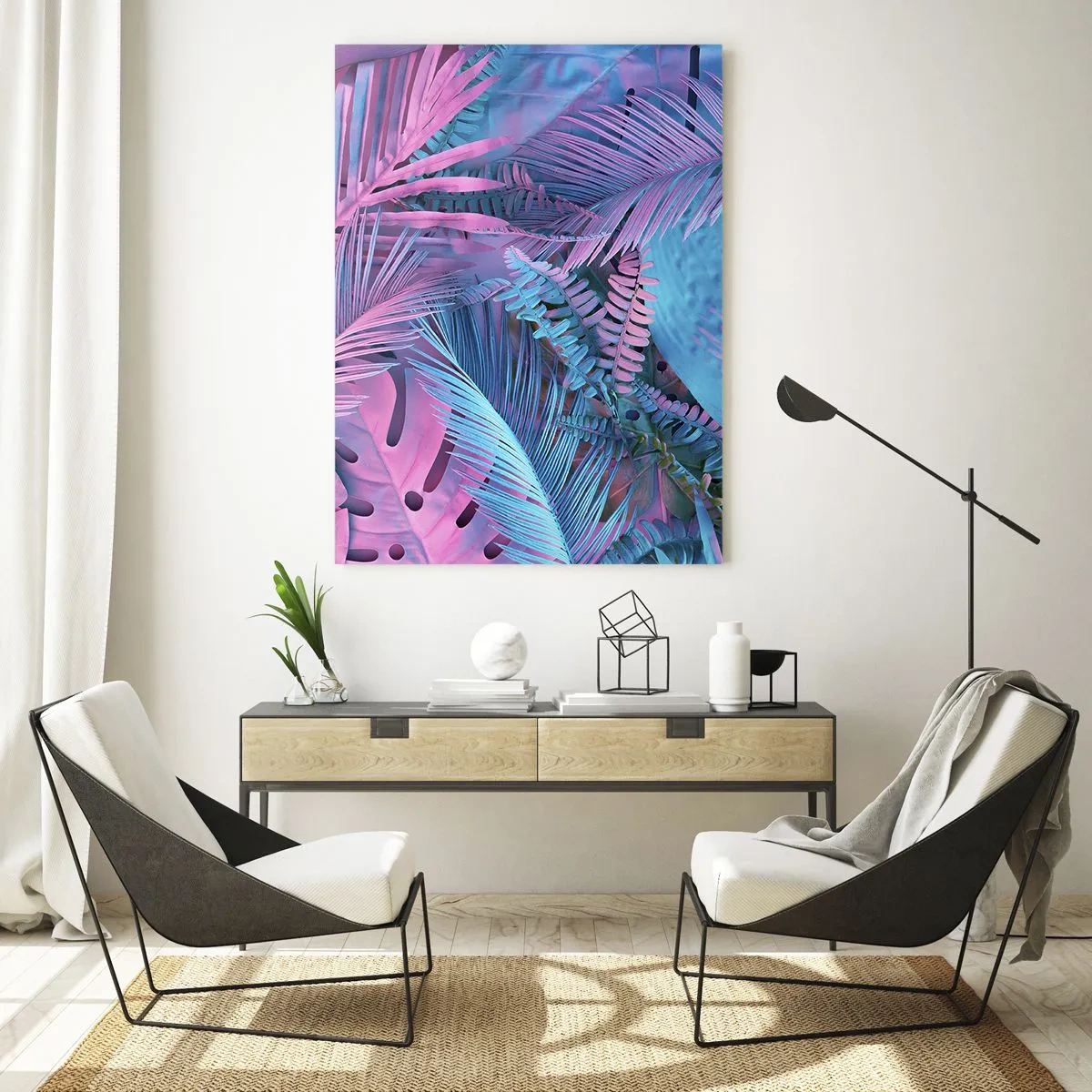 Schilderen op glas - Tropen in roze en blauw - 70x100 cm