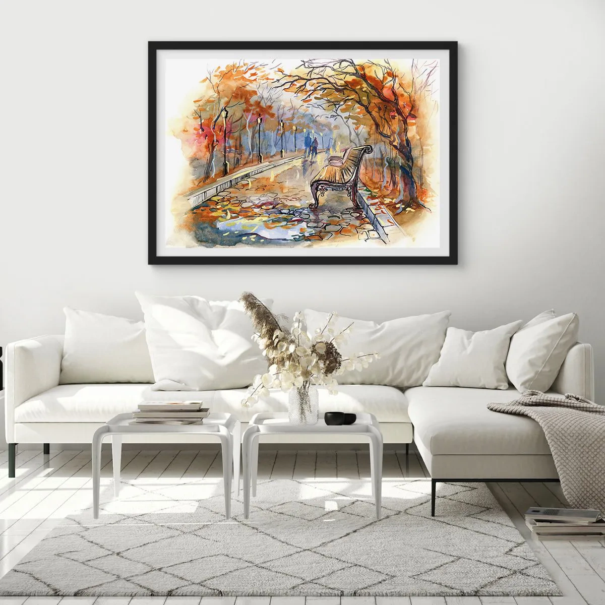 Poster in een zwarte lijst - Samen wandelen in de herfst - 100x70 cm