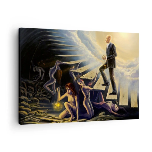 Schilderen op canvas - Een symbolische scène van het pad naar het licht via een vervallen trap - 70x50cm - Danteske reis naar het licht - Moderne wanddecoratie voor woonkamer en slaapkamer ARTTOR