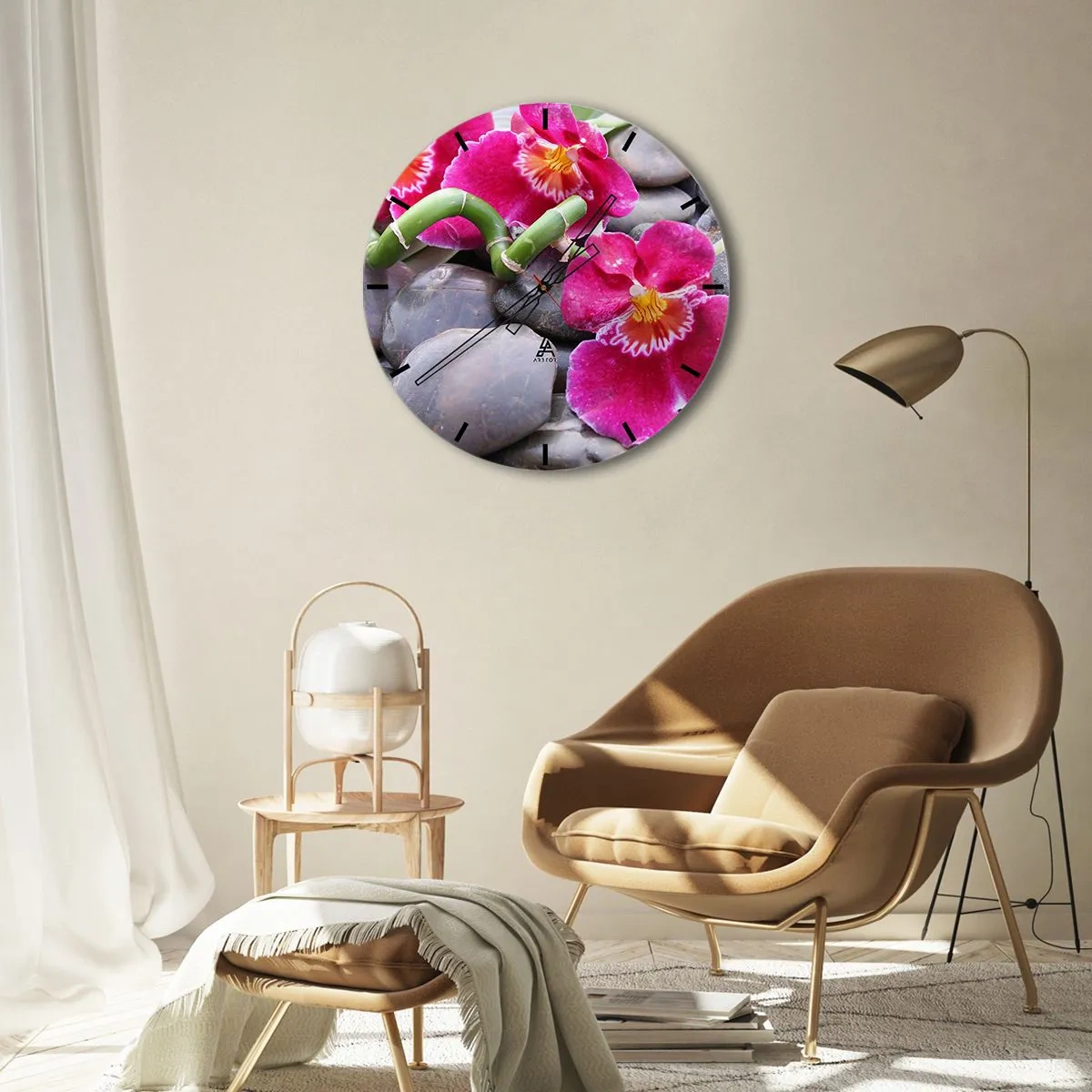 Wandklok - Klok - Roze orchideeën op stenen met groene bamboe - 30x30cm - Kou en hitte - Moderne wanddecoratie voor woonkamer, keuken en slaapkamer ARTTOR