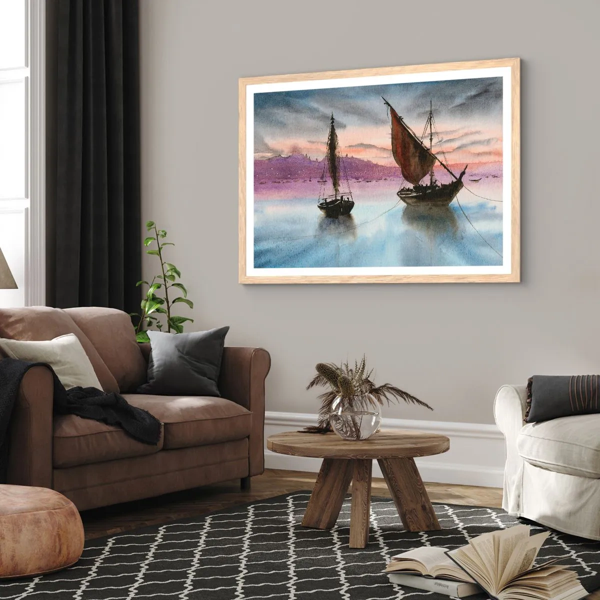 Een poster in een licht eiken lijst - Avond in de haven - 91x61 cm