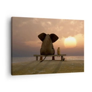 Schilderen op canvas - Een olifant en een hond zitten op een bankje op het strand tijdens zonsondergang. - 70x50cm - Het is goed om samen stil te zijn - Moderne wanddecoratie voor woonkamer en slaapkamer ARTTOR