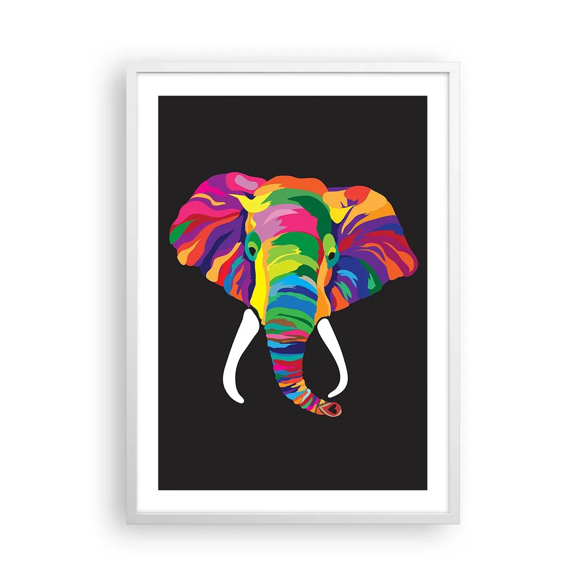 Poster in een witte lijst - De olifant die ervan hield om in de regenboog te baden - 50x70 cm