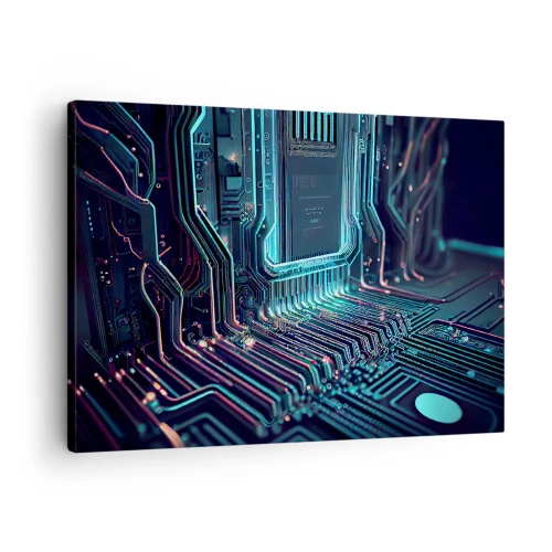 Schilderen op canvas - Technologische printplaat met verlichte sporen - 70x50cm - Ik ben aan het denken… - Moderne wanddecoratie voor woonkamer en slaapkamer ARTTOR