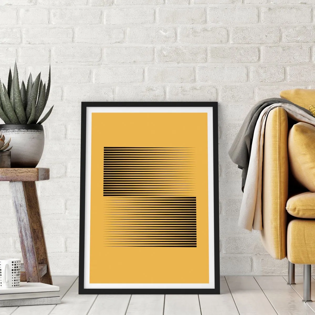 Poster in een zwarte lijst - Een minimalistische compositie van lijnen op een mosterdgele achtergrond. - 50x70cm - Vierkant van tegenpolen - Moderne wanddecoratie voor woonkamer en slaapkamer ARTTOR