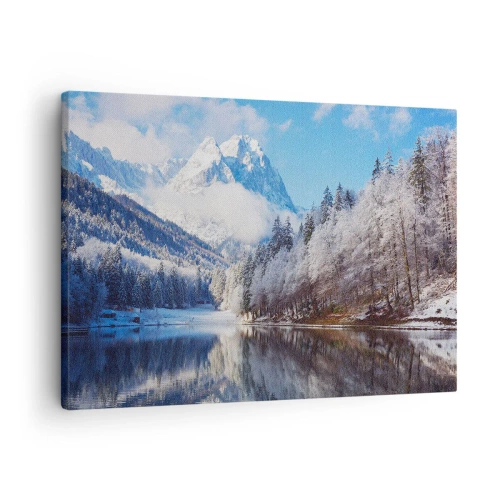 Schilderen op canvas - Winterberglandschap met besneeuwde bomen en een meer - 70x50cm - Sneuwwacht - Moderne wanddecoratie voor woonkamer en slaapkamer ARTTOR