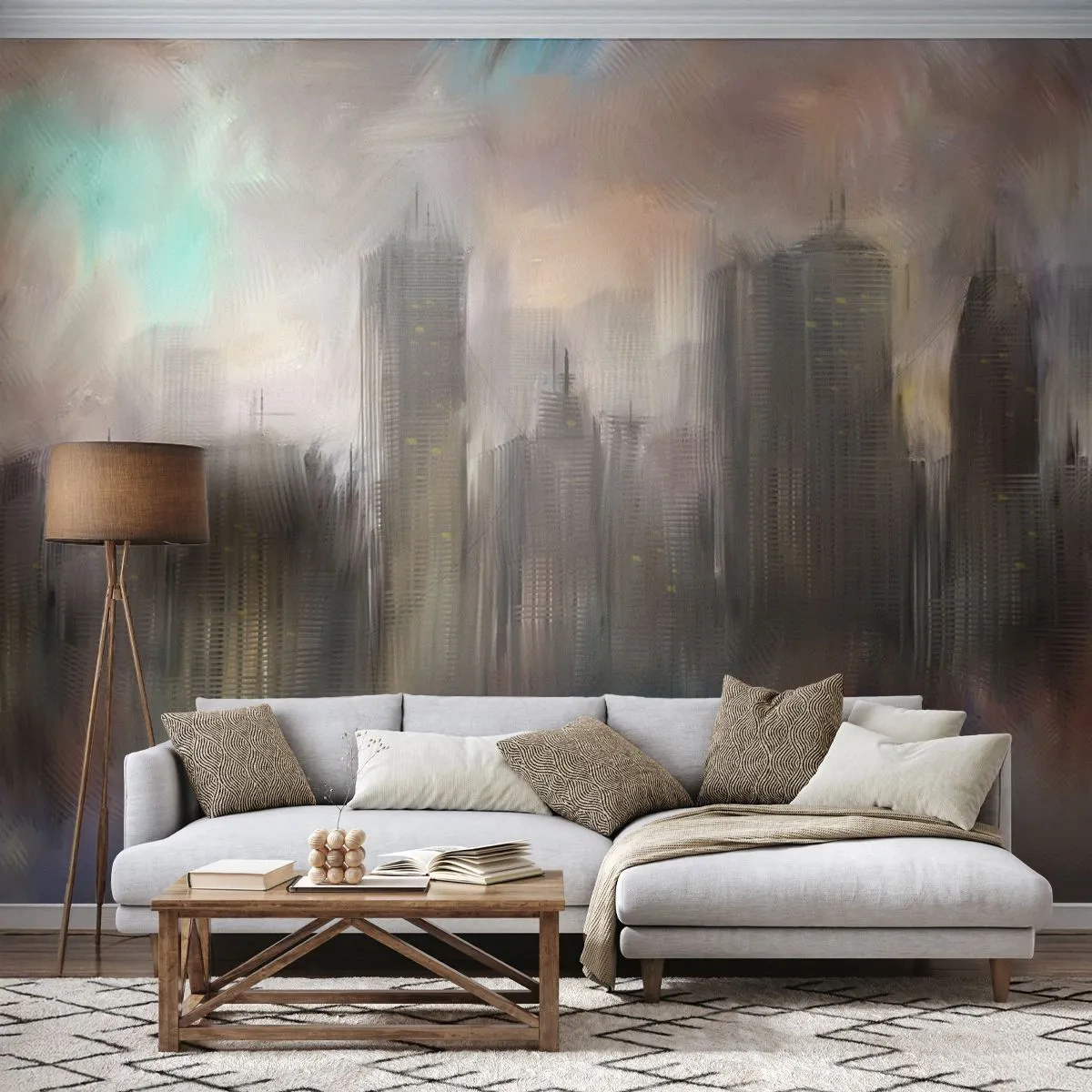 Fotobehang Premium Canvas - Een compositie van staal, steen en mist - Stad, Architectuur, Deel - 300x210 cm