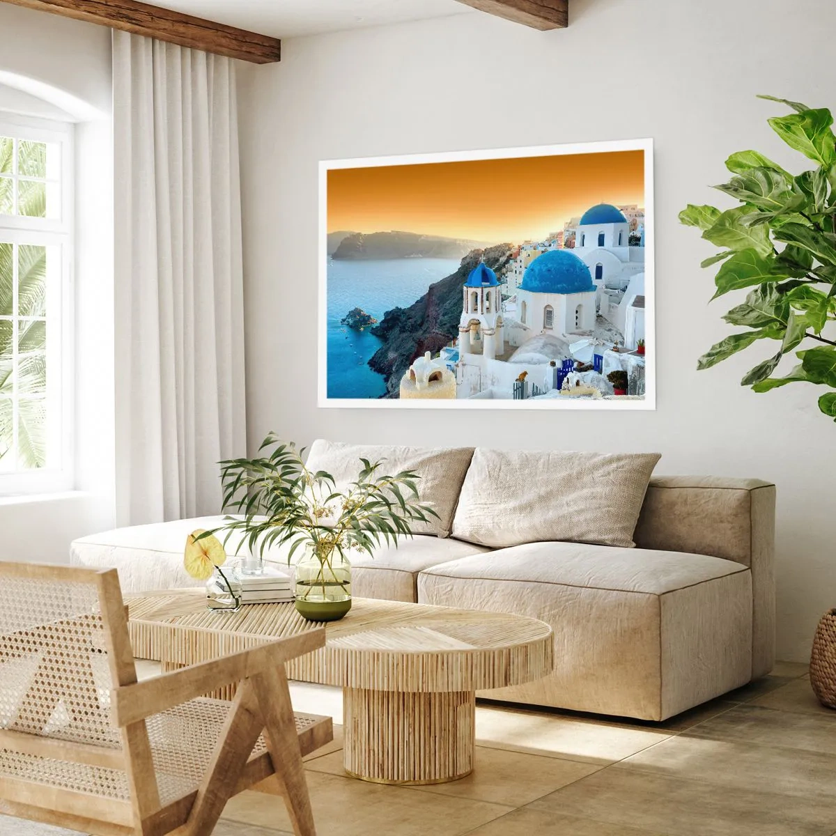Poster - Santorini - genesteld tegen de rotsen - 70x50 cm