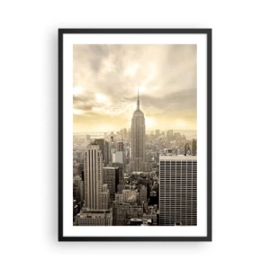 Poster in een zwarte lijst - Panorama van New York City met het Empire State Building - 50x70cm - New York geweven van grijs - Moderne wanddecoratie voor woonkamer en slaapkamer ARTTOR