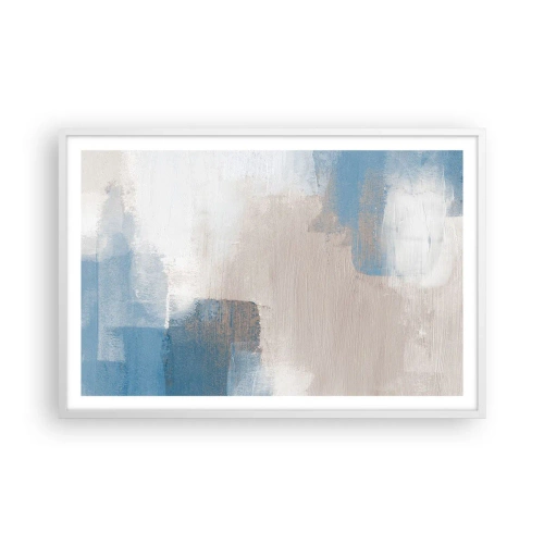 Poster in een witte lijst - Roze abstractie achter een blauw gordijn - 91x61 cm