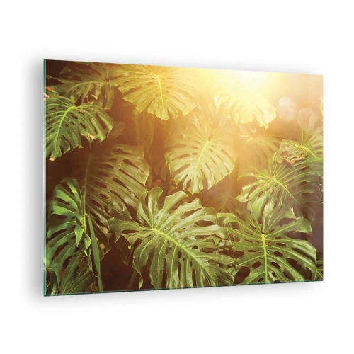 Schilderen op glas - Groene monsterabladeren in het gouden licht van de tropische zon - 70x50cm - In het groen treden... - Moderne wanddecoratie voor woonkamer en slaapkamer ARTTOR