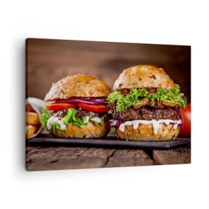 Schilderen op canvas - Smakelijke hamburgers met groenten en saus - 70x50cm - Amerikaanse droom - Moderne wanddecoratie voor woonkamer en slaapkamer ARTTOR