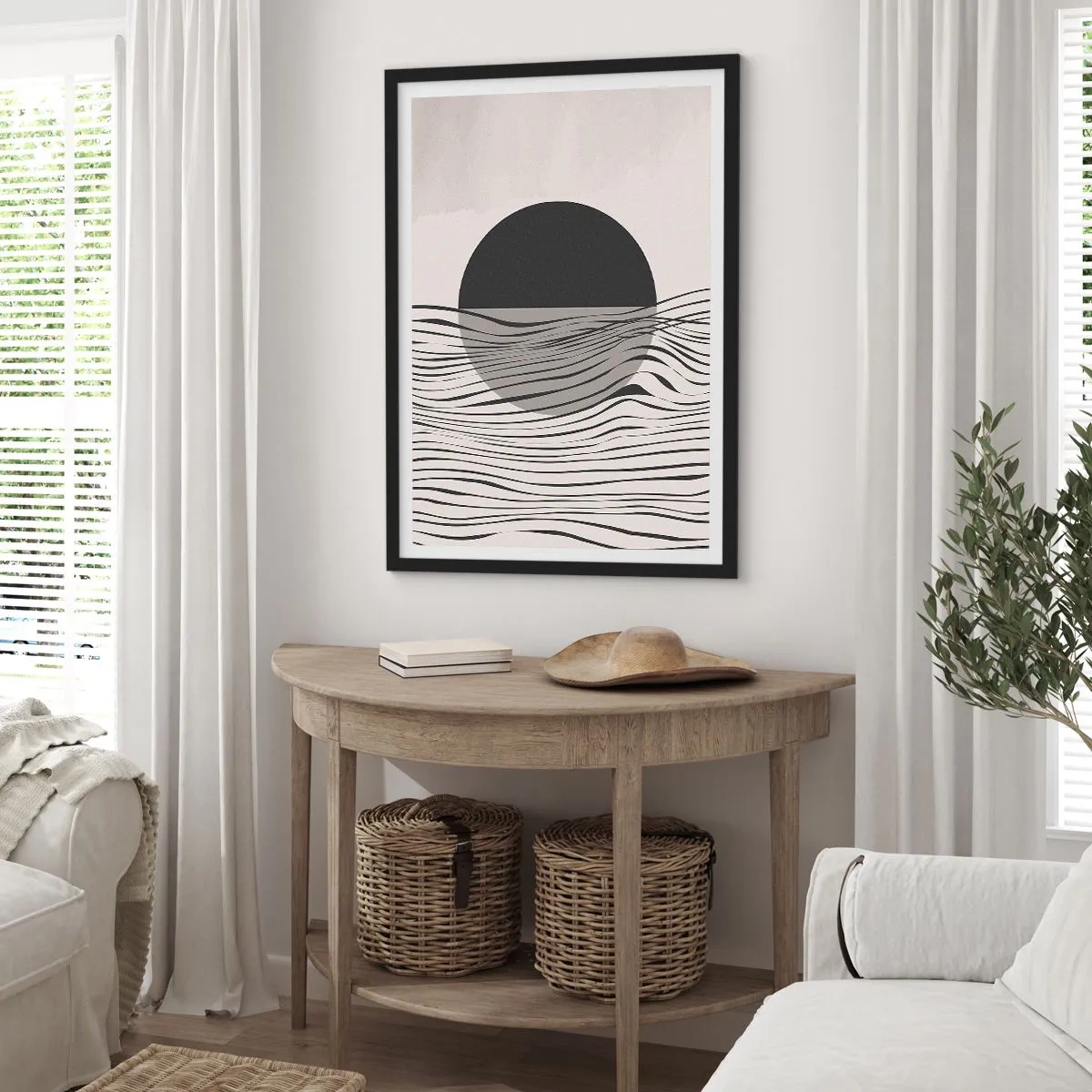 Poster in een zwarte lijst - Abstracte zonsondergang met golflijnen - 50x70cm - Halve compositie - Moderne wanddecoratie voor woonkamer en slaapkamer ARTTOR