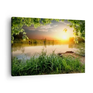 Schilderen op canvas - Groen landschap met een meer bij zonsondergang - 70x50cm - Landschap in een groen kader - Moderne wanddecoratie voor woonkamer en slaapkamer ARTTOR
