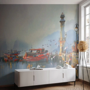 Fotobehang Premium Sand - Aan het einde van de wereld - Landschap, Haven, Vuurtoren - 100x70 cm