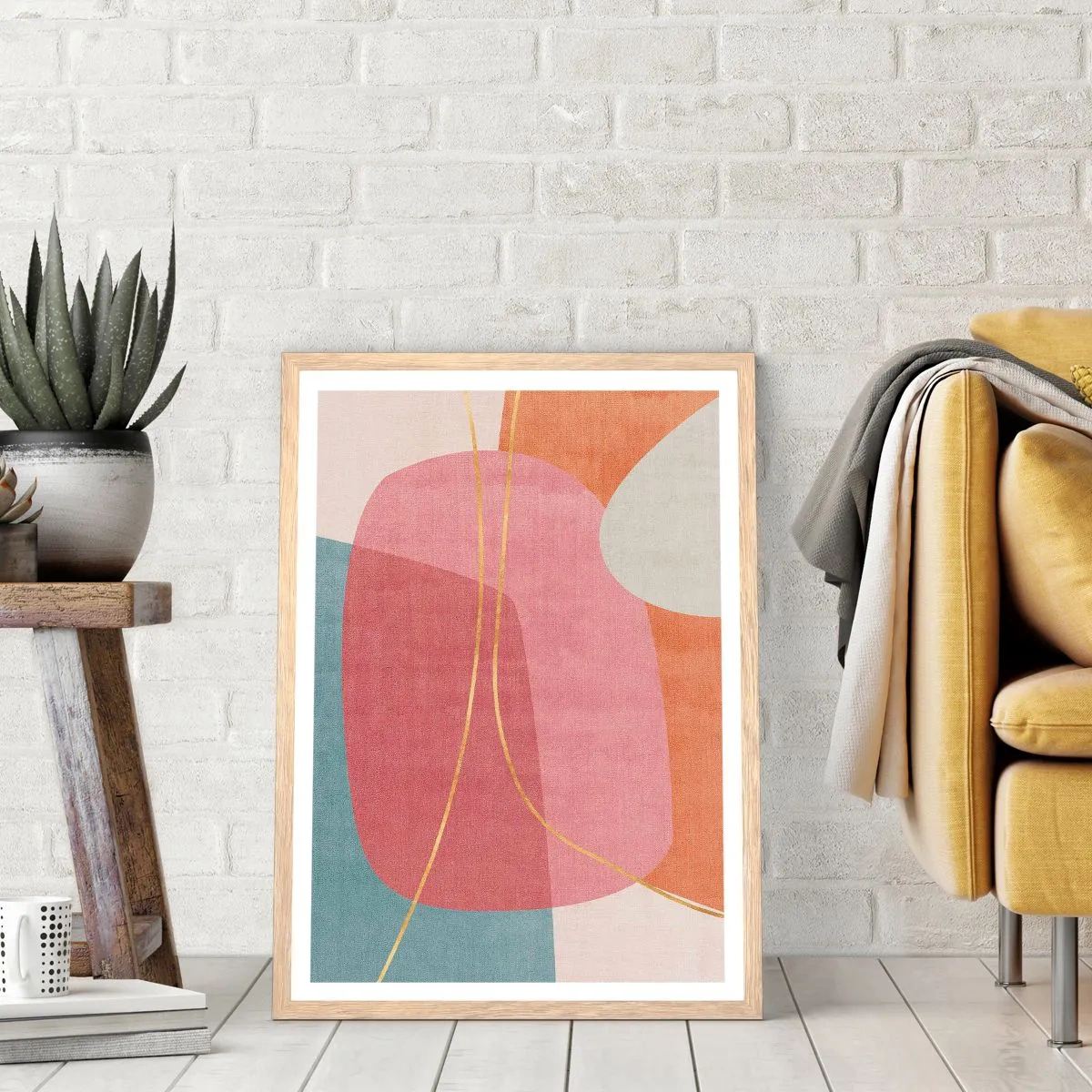 Een poster in een licht eiken lijst - Pastelkleurcompositie met gouddraad - 61x91 cm