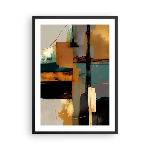 Poster in een zwarte lijst - Een abstracte compositie in tinten goud en turquoise - 50x70cm - Abstractie – licht en schaduw - Moderne wanddecoratie voor woonkamer en slaapkamer ARTTOR