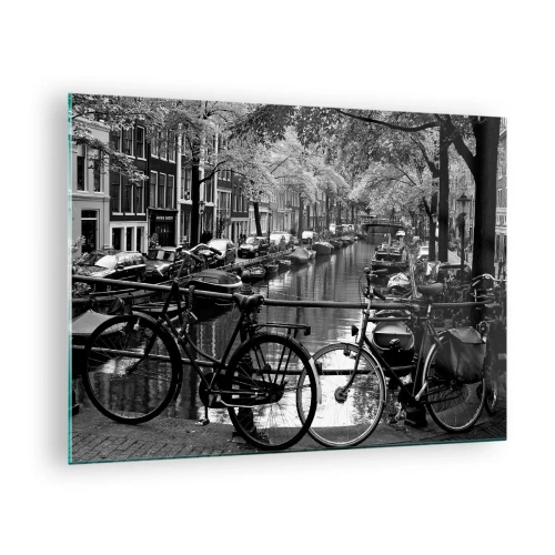 Schilderen op glas - Zwart-witbeeld van een kanaal met fietsen en boten - 70x50cm - Een heel Nederlands uitzicht - Moderne wanddecoratie voor woonkamer en slaapkamer ARTTOR