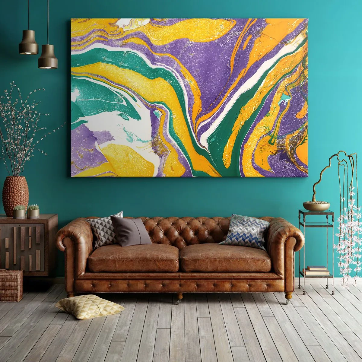 Schilderen op canvas - Abstract marmerpatroon in levendige kleuren - 70x50cm - Kleur golven - Moderne wanddecoratie voor woonkamer en slaapkamer ARTTOR