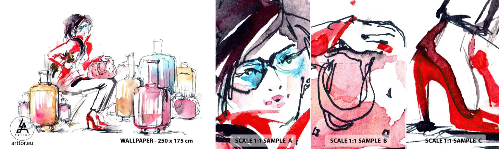 Fotobehang Staaltje Standard Eco - Laten we gaan zitten voor de reis - Vrouw, Reis, Koffer - 100x30 cm