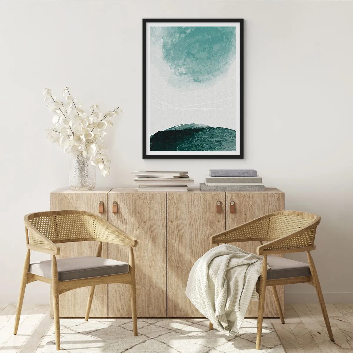 Poster in een zwarte lijst - Abstract landschap in tinten groen en wit - 50x70cm - Ontmoeting met de mist - Moderne wanddecoratie voor woonkamer en slaapkamer ARTTOR