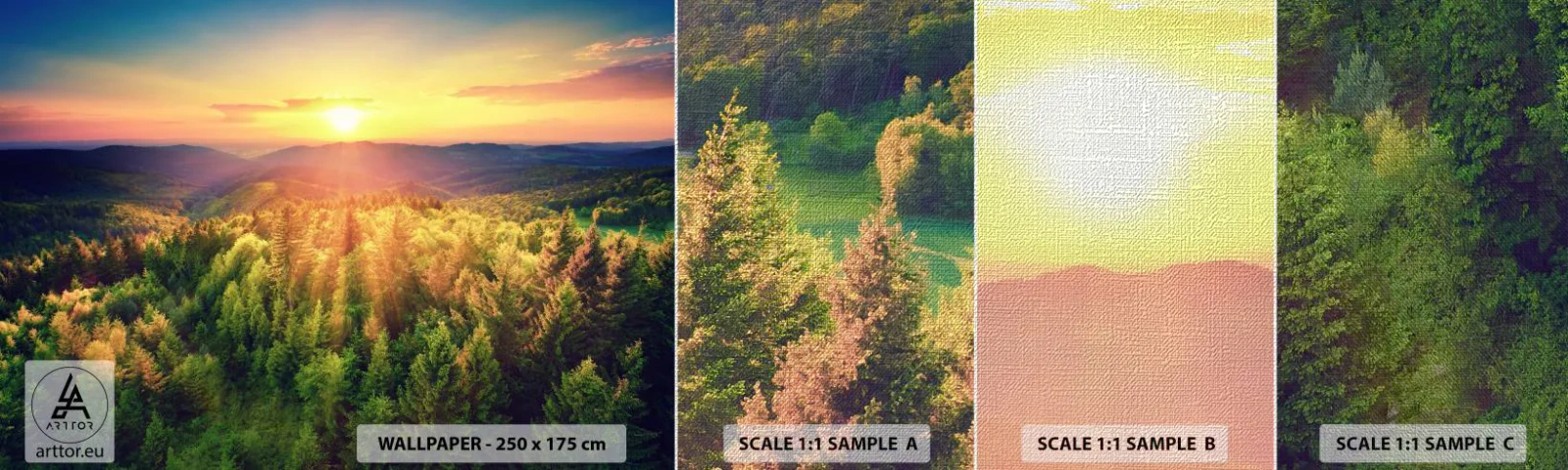 Fotobehang Monster Premium Canvas - Hoekpunten en topjes - Landschap, Woud, Bergen - 100x30 cm