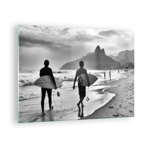 Schilderen op glas - Surfers op het strand met boards, zwart-wit compositie - 70x50cm - Enkele golf samba - Moderne wanddecoratie voor woonkamer en slaapkamer ARTTOR