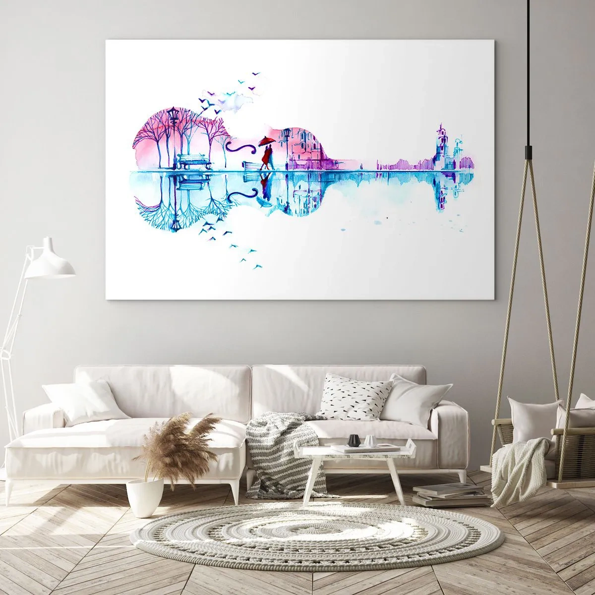 Schilderen op glas - Een gitaarvormig landschap in aquarelstijl - 70x50cm - Ik zal je wat regencantussen brengen - Moderne wanddecoratie voor woonkamer en slaapkamer ARTTOR