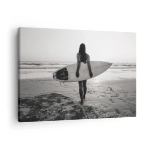 Schilderen op canvas - Vrouw met surfplank op het strand in zwart-wit - 70x50cm - De dochter van de zeegolf - Moderne wanddecoratie voor woonkamer en slaapkamer ARTTOR