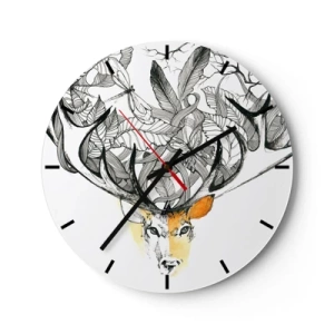Wandklok - Klok - Artistieke tekening van een hert met gespreide geweien en bladeren - 30x30cm - Hoorns van overvloed - Moderne wanddecoratie voor woonkamer, keuken en slaapkamer ARTTOR