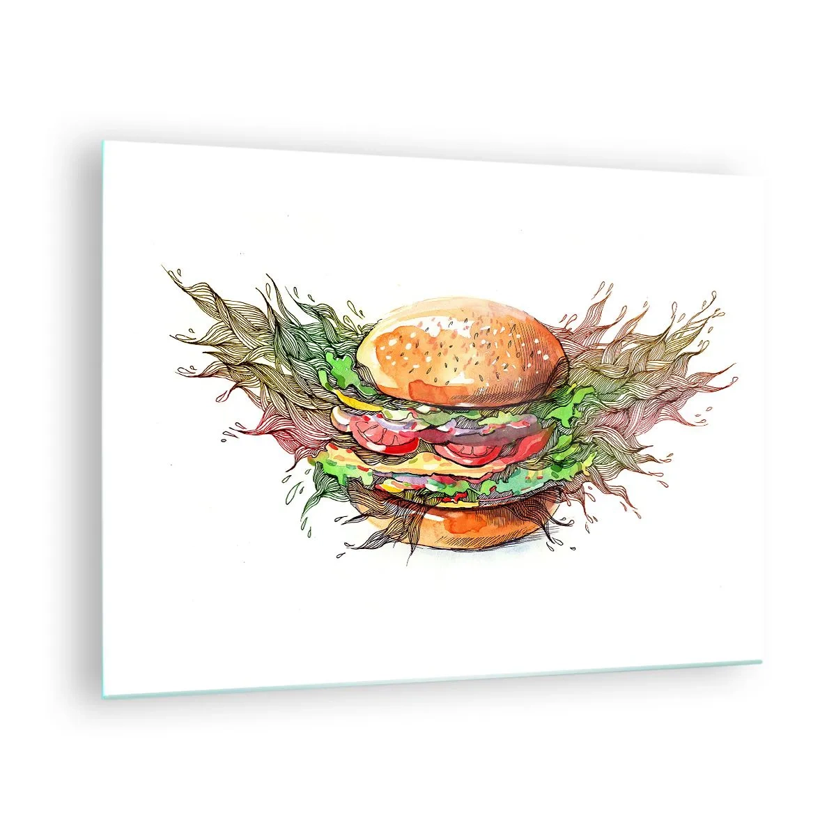 Schilderen op glas - Artistieke tekening van een hamburger met aquareldetails - 70x50cm - Hete verleiding - Moderne wanddecoratie voor woonkamer en slaapkamer ARTTOR