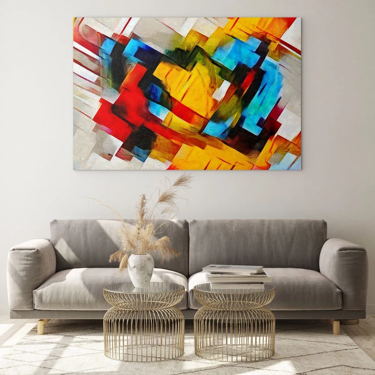 Schilderen op glas - Abstracte compositie van geometrische vormen - 70x50cm - Een veelkleurig lagen koekje - Moderne wanddecoratie voor woonkamer en slaapkamer ARTTOR