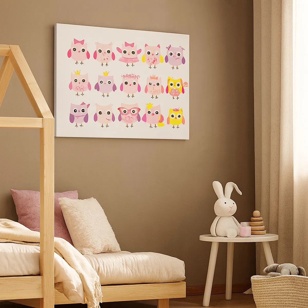 Schilderen op canvas - Schattige uiltjes in pastelkleuren - 70x50cm - De ene is zoeter dan de andere - Moderne wanddecoratie voor woonkamer en slaapkamer ARTTOR