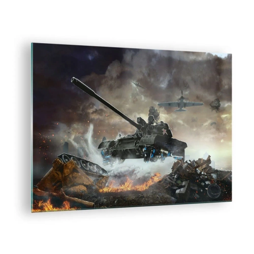 Schilderen op glas - Een tank in actie tegen de achtergrond van een dramatisch slagveld. - 70x50cm - De strijd is verschrikkelijk en mooi - Moderne wanddecoratie voor woonkamer en slaapkamer ARTTOR