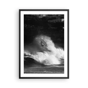 Poster in een zwarte lijst - Zwart-witte surfer in actie op ruwe golven - 50x70cm - Uitdaging aanvaard! - Moderne wanddecoratie voor woonkamer en slaapkamer ARTTOR
