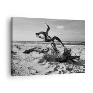 Schilderen op canvas - Zwart-wit landschap met een dode boom op het strand - 70x50cm - Zee sculptuur - Moderne wanddecoratie voor woonkamer en slaapkamer ARTTOR